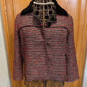 KERAIA Women's Striped Jacket with Black Collar, size Medium. Cropped sleeves